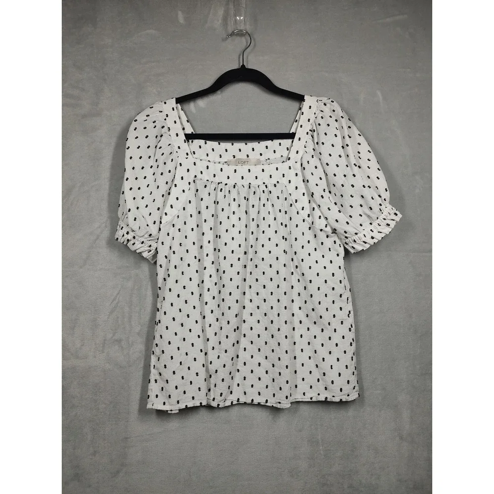 LOFT White Black Clip Dot Puff Sleeve Square Neck Cotton Blouse‎ Top 3121